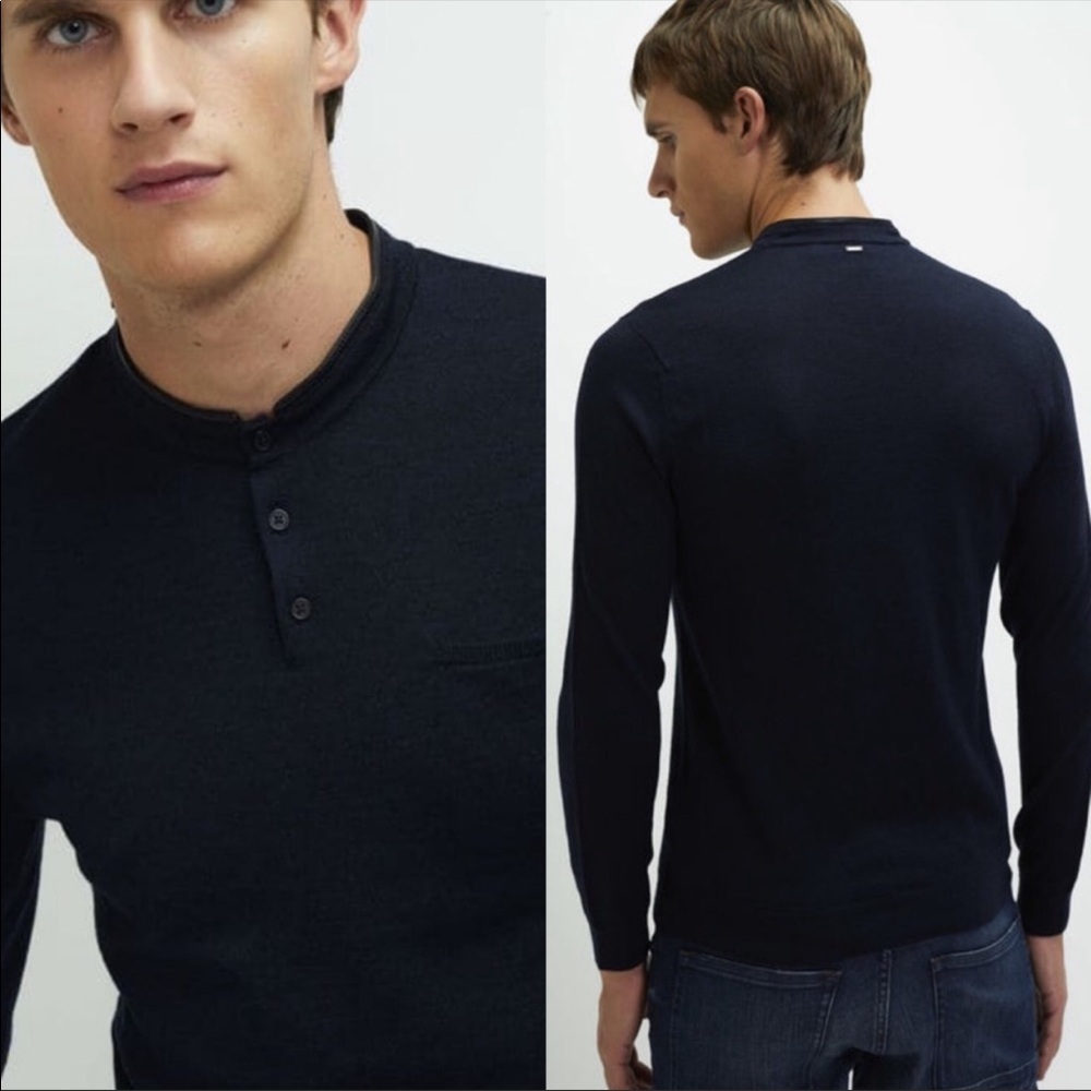 Ikks Men Navy Blue merino wool leather trim collar pullover knit top sz S